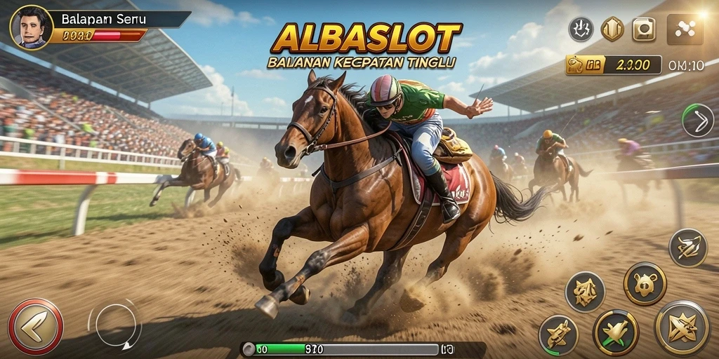 Tampilan screenshot gameplay ALBASLOT yang menunjukkan balapan seru.