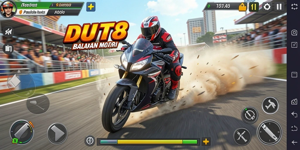 Tampilan layar balapan motor menegangkan dalam DUIT8.