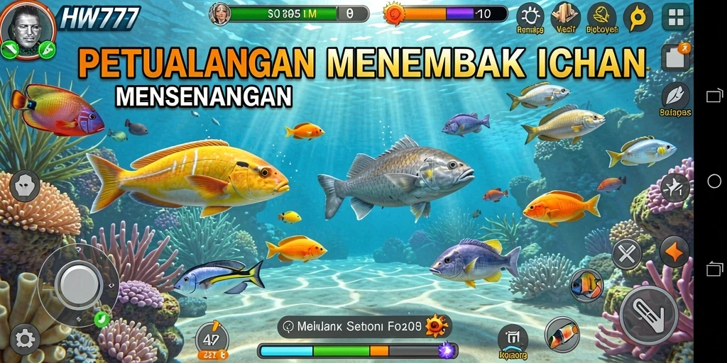 Tangkapan layar HW777 menampilkan aksi menembak ikan yang seru.