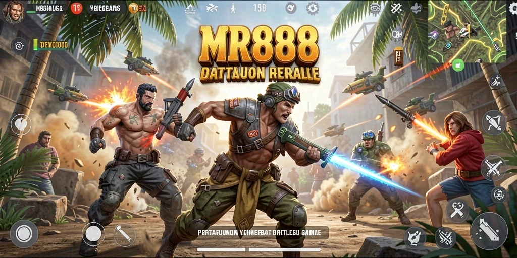 Tampilan layar utama game MR888 dengan aksi Battle Royale yang mendebarkan.