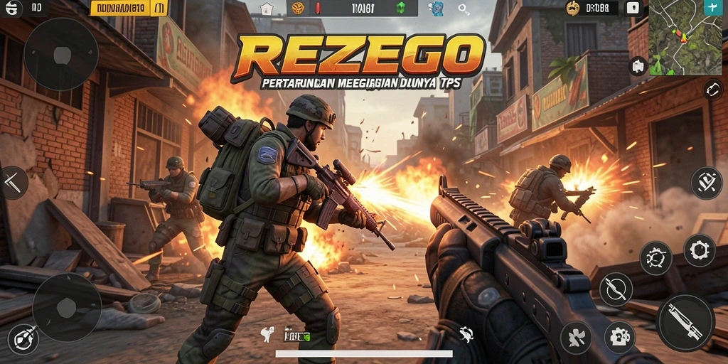 Screenshot gameplay TPS dari REZEGO menunjukkan aksi mendebarkan di medan tempur.