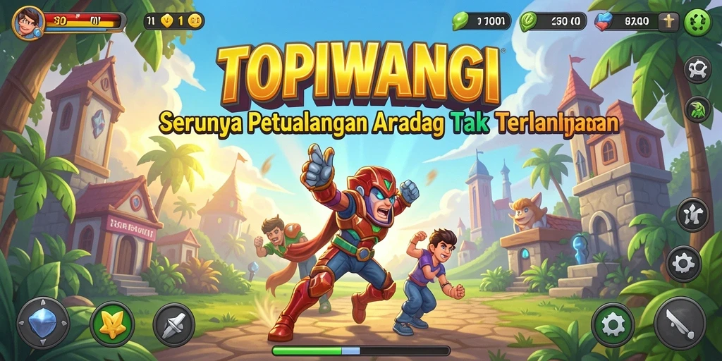 Screenshot gameplay menunjukkan warna-warni dan aksi seru di TOPIWANGI.