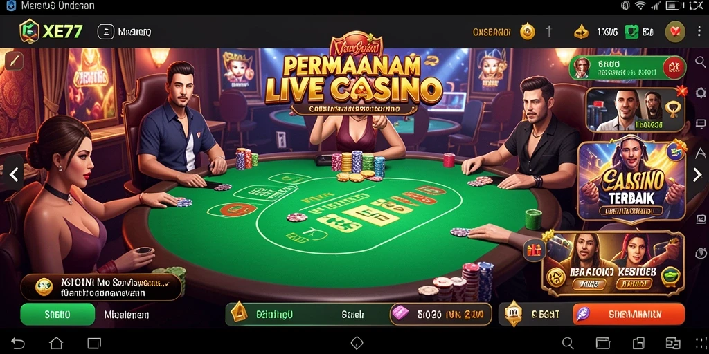 Screenshot XE77 menunjukkan dealer langsung dan permainan seru.